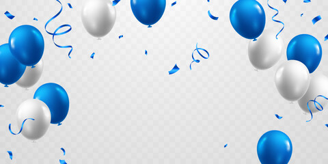 Celebrate with blue and white balloons with confetti for festive decorations vector illustration. - obrazy, fototapety, plakaty