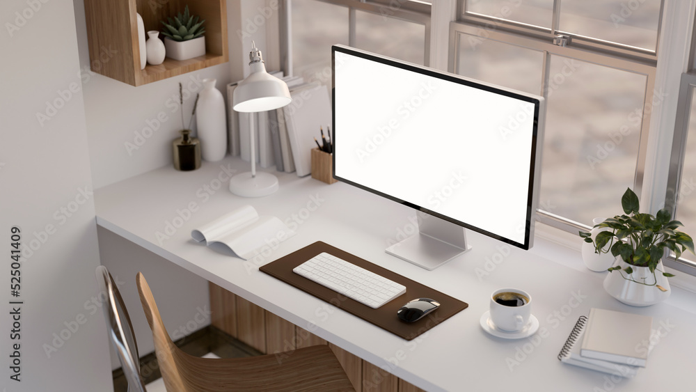 Sticker modern office desk workspace with white pc desktop computer mockup on white table