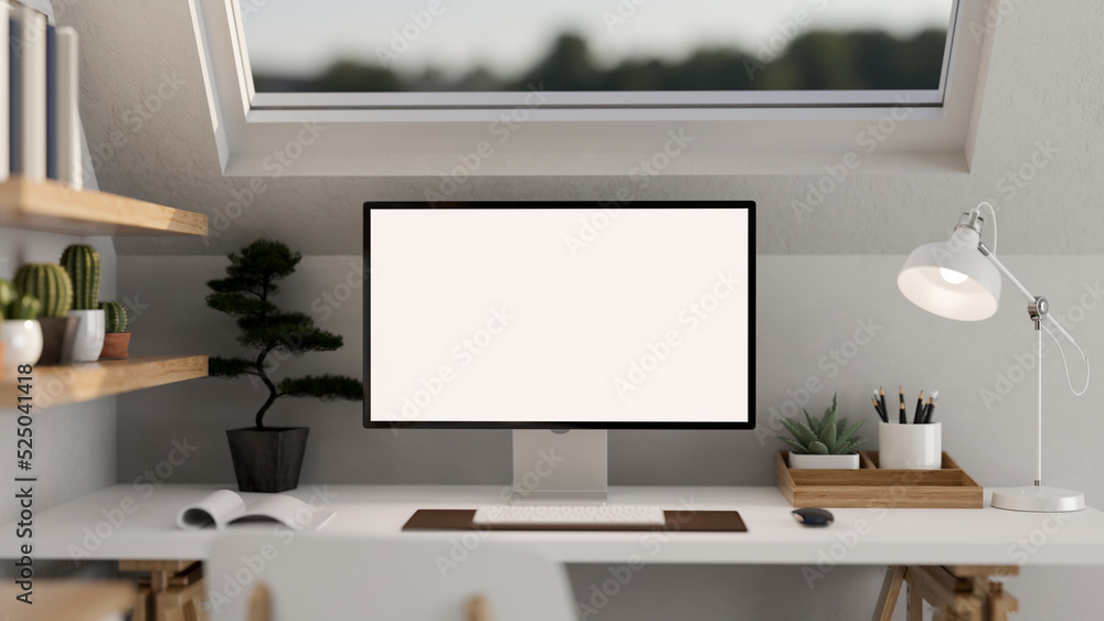 Poster modern minimal home working space in attic room interior design with computer mockup