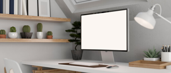 close-up, Modern minimal office desk or workstation with desktop computer mockup on white table