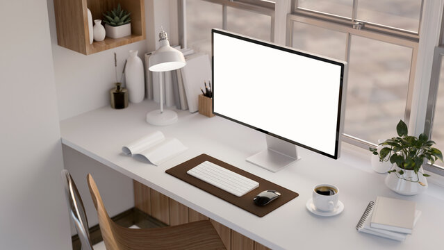 Modern office desk workspace with white PC desktop computer mockup on white table