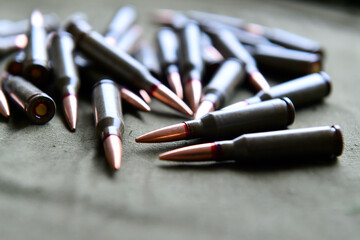 AK 47 ammunition on a table. Ammunition 7,62x54