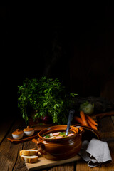 Potato kohlrabi soup with bockwurst