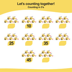 Counting game for children. Count multiples of five. Educational printable math worksheet. Vector illustration.