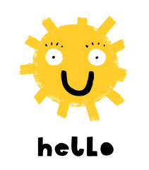 Cool Nursery Vector Art with Naive Drawing Style Creepy Sun.Hand Drawn Big Yellow Smiling Sun on a White Background. Funny Childish Style Freaky Sun Print ideal for Card, Wall Art, Poster, Decoration.