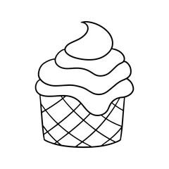 Monochrome picture, delicious cupcake with delicate cream in a waffle cup, vector cartoon