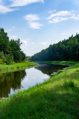 Fototapeta na wymiar Green summer natural landscape with green grass, river and trees. Design background