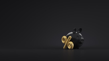 Black piggy bank and gold percentage on a black background. 3d render illustration. Black Friday.