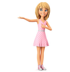 Girl cartoon character in a pink dress isolated on a white background points to an empty hand. 3d rendering illustration.