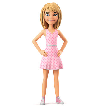 Girl cartoon character in pink dress isolated on white background. 3d rendering illustration.