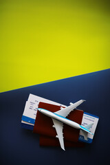 Airplane travel. Boarding pass  airplane, passport and plane.