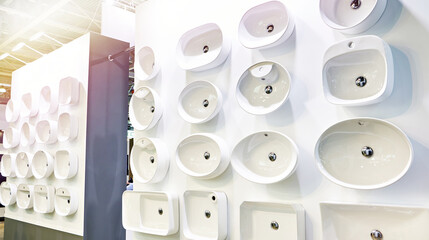 Ceramic sinks with faucets for bathrooms in store