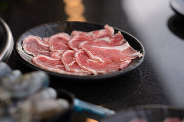 Raw meat slide Buffet in restaurant in tray shabu