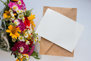 card mockup with bouquet with vivid autunm flowers. flowers background