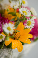 bouquet with vivid autunm flowers. water drops