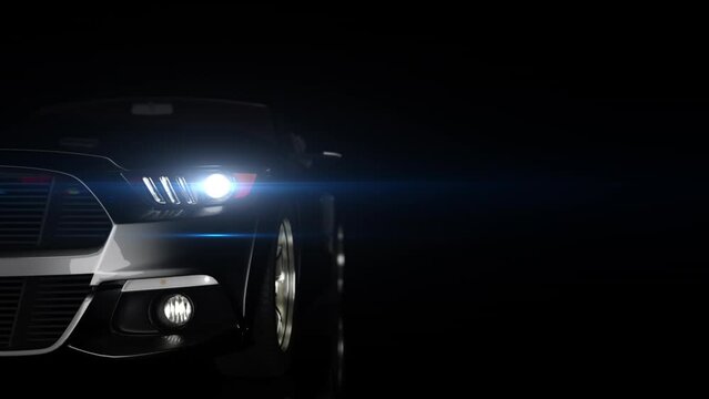 Car in the studio. camera movement on the car front view dynamic lighting on a black background