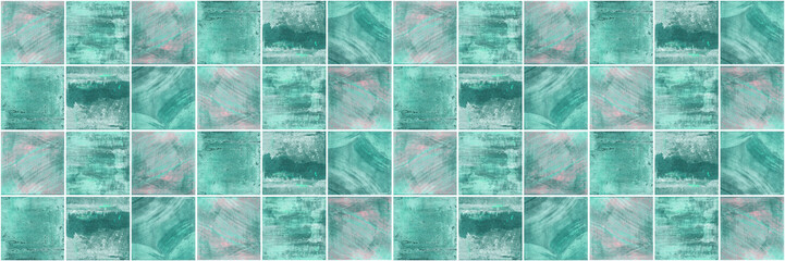 Abstract green turquoise square mosaic tile wall texture background banner panorama, textured seamless pattern