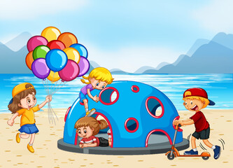Beach playground with happy children