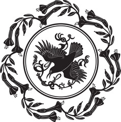 Fototapeta premium crow bird logo with floral frame