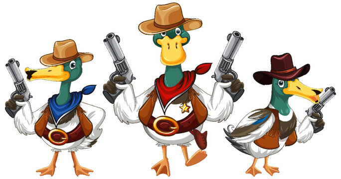 Cartoon ducks wearing cowboy costume
