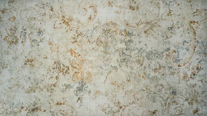 Rolgordijnen Old beige gray vintage shabby damask patchwork tiles stone concrete cement wall texture background banner, with textured floral flowers leaves pattern © Corri Seizinger