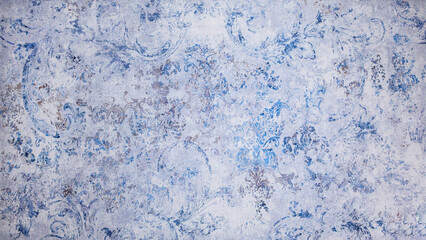 Old blue vintage shabby damask patchwork tiles stone concrete cement wall texture background banner, with textured floral flowers leaves pattern