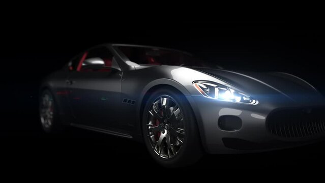 Auto in the studio. camera movement from right to left on the front view dynamic lighting with the effect of structural neon lines on a black background