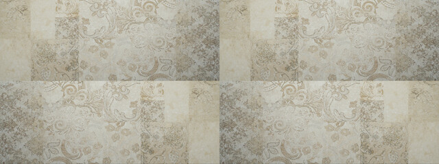 Old beige gray vintage shabby damask patchwork tiles stone concrete cement wall texture background banner, with textured floral flowers leaves pattern