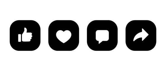 Like, love, comment, and share icon vector on square button. Social media elements - obrazy, fototapety, plakaty