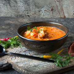 bowl of tomato soup with shrimp on a dark table - obrazy, fototapety, plakaty