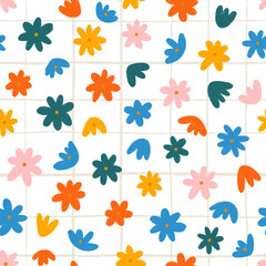 Fototapeta na wymiar Colorful flowers on white checked background, pattern illustration