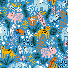 Joyful jungle, blue color palette, exotic animals, pattern illustration