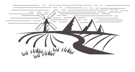 Rural landscape with a fields and a windmill. Monochrome vector.
