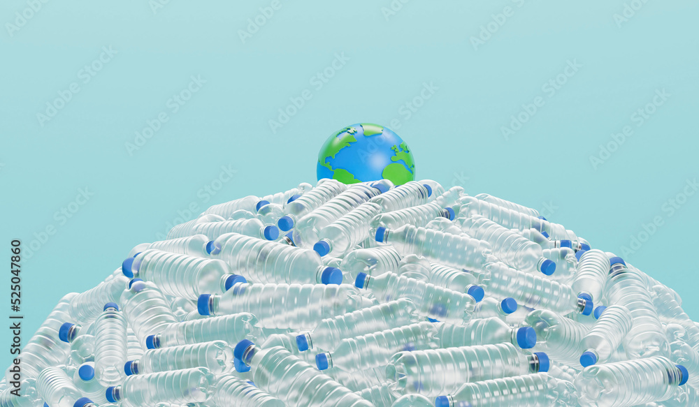 Wall mural earth globe with empty plastic bottles. global plastic pollution concept. 3d rendering