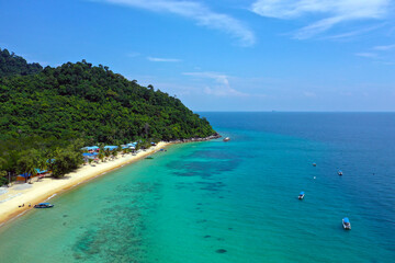 Fototapeta na wymiar Tioman tropical island drone photo with beautiful blue sea and sky. South China sea. Southeast Asia