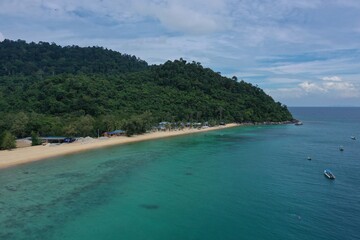 Tioman tropical island drone photo with beautiful blue sea and sky. South China sea. Southeast Asia