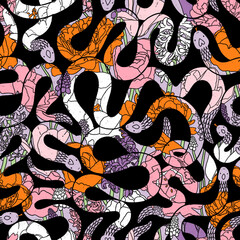 Garden snakes with floral motives, pattern illustration