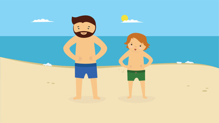 Dad and son in swimming trunks are standing on the beach