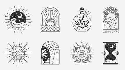Boho logo set. Trendy design elements for magic, esoteric, psychology, alternative therapy, spiritual, celestial, travel, and others themes. Black emblems isolated on white background. - 525048070