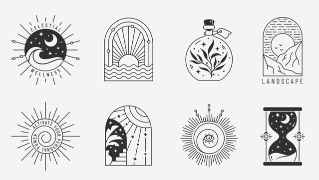 Boho logo set. Trendy design elements for magic, esoteric, psychology, alternative therapy, spiritual, celestial, travel, and others themes. Black emblems isolated on white background.