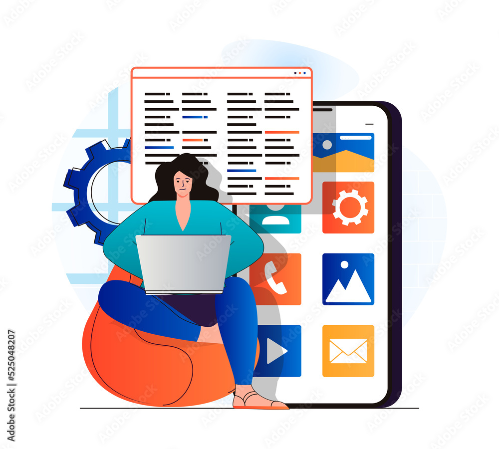 Wall mural app development concept in modern flat design. woman developer works on laptop, coding code, creates