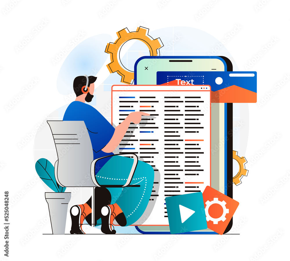 Poster App development concept in modern flat design. Man developer coding code, ui layout design, creates software for mobile phone. Programmer customizes, testing, optimizes programs. Web illustration