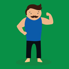 Man with mustache showing biceps