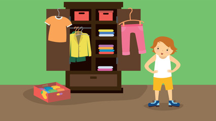 The boy chooses clothes in front of an open closet