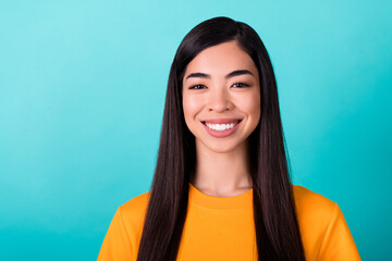 Photo of pretty adorable gorgeous woman with long hairstyle wear yellow t-shirt stomatology clinic...