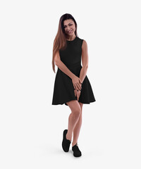 Mockup of a black wave dress on a dark-haired girl in shoes, a summer sundress with a puffy skirt,...