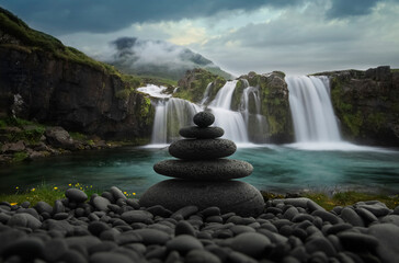 Zen stones balancing in front of waterfall 