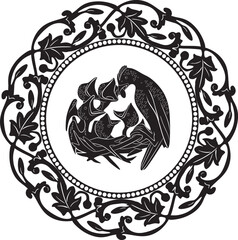 bird family with floral frame vector design