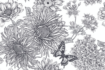 Black and white seamless pattern. Small garden flowers and butterflies.