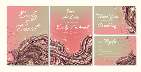Set of 4 luxury wedding cards with gold kintsugi design and pink marble with gold veins.
